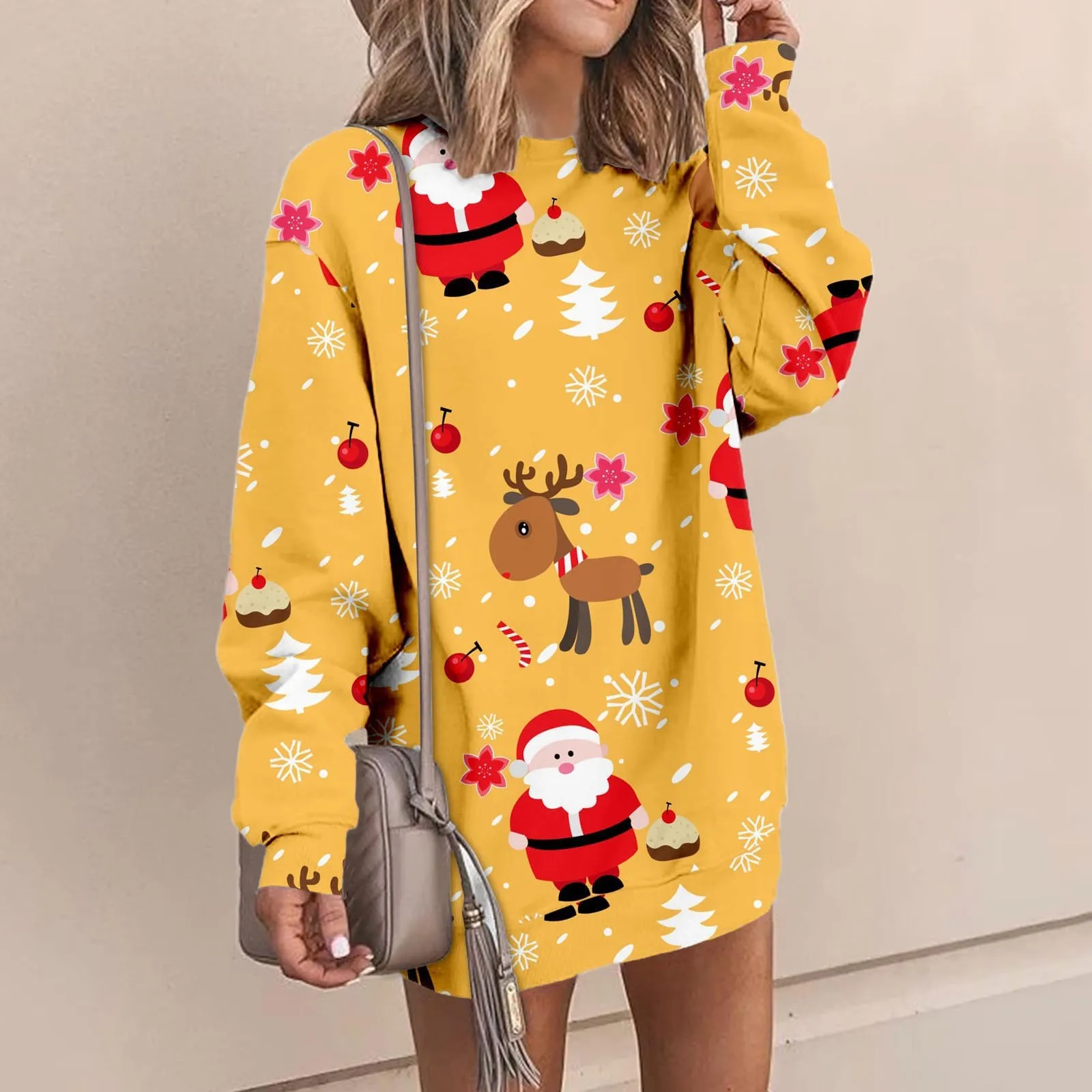 Women Christmas Round Neck Sweatshirt Dress Crewneck Pullover Long Sleeve Mini Sweater Dresses Plus Size Party Vestidos