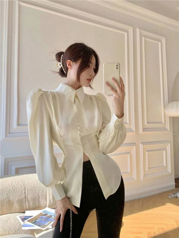 Deeptown Blouses Bandage Bow Tie Shirts Backless Casual Long Puff Sleeve Solid Color Tops Button Waist Fit Blouses Fashion 2024.