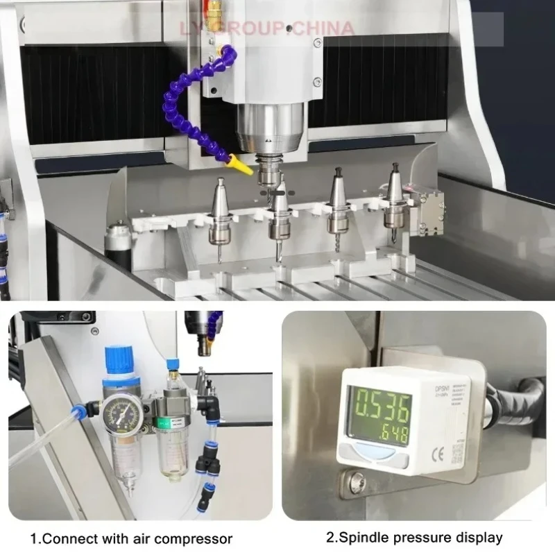LY 6040 220V 2.2KW CNC Engraving Carving Machine Automatic Tool Change ATC 4th Axis ISO20 Spindle 5pcs Metal Engraving