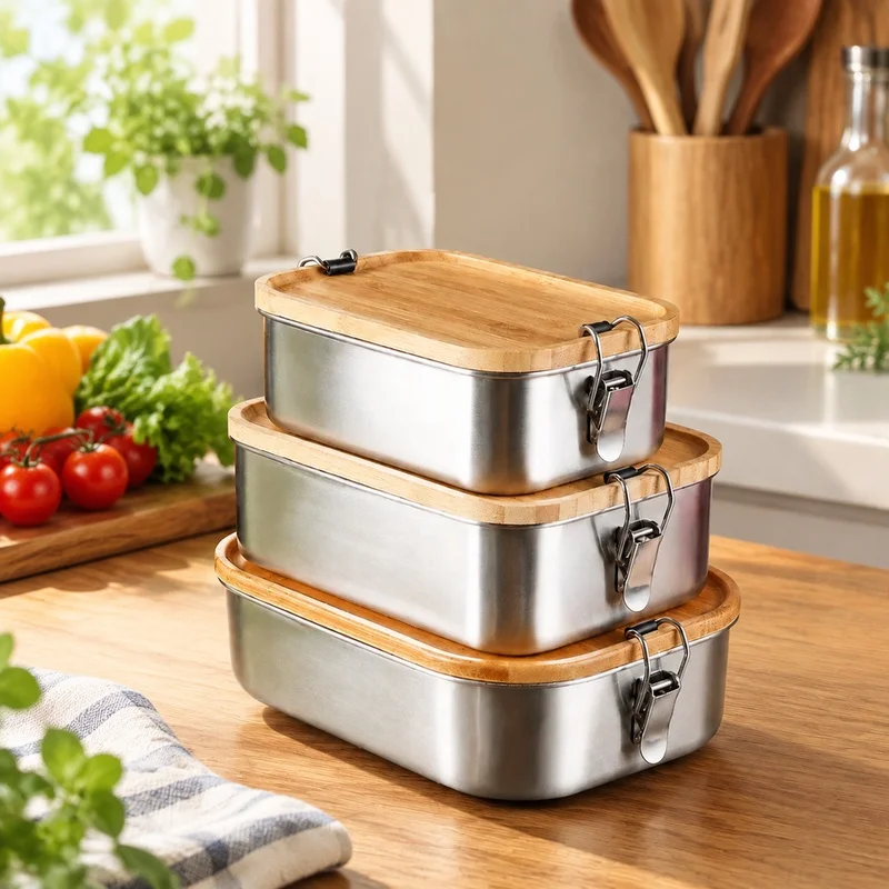 Japanese-Style Lunch Box Made of 304 Stainless Steel with Eco-Friendly Bamboo Lid, Long-Lasting Food Storage Solution