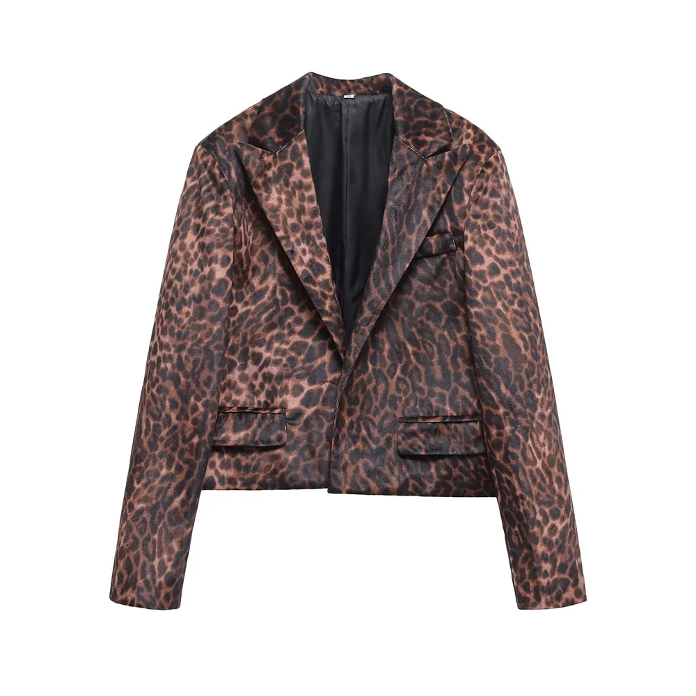 2025 TRAF Spring New Women's Fashion and Stylish Versatile Long Sleeve Leopard Velvet Collar Suit Coat