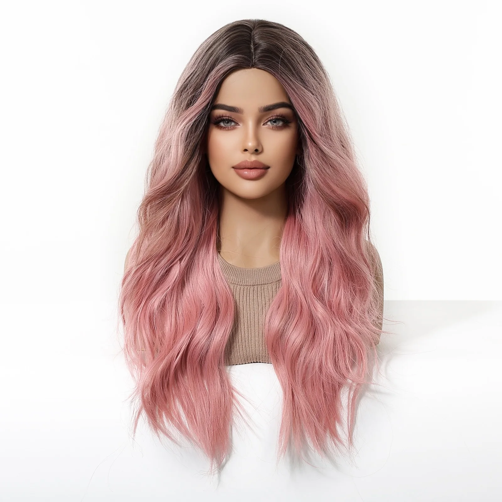 ALAN EATON Rosa gewellte synthetische Perücke, langer Mittelteil, dunkle Wurzelperücke für Frauen für die tägliche Weihnachtsfeier, hitzebeständige Faser