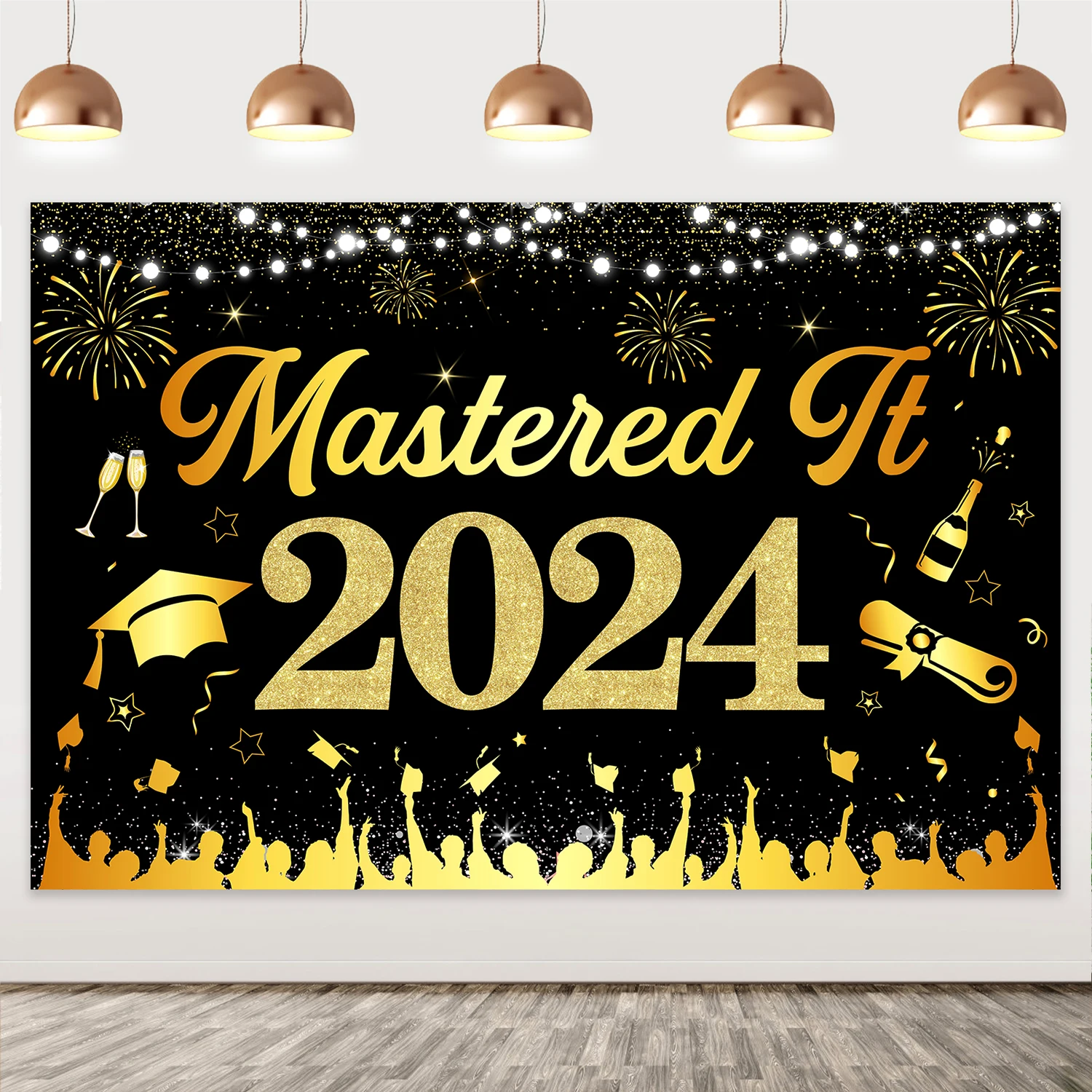 Black and Gold Prom 2024 Graduation Background Cloth Graduation Photography Backdrop Class of 2024 Party Decor Supplies