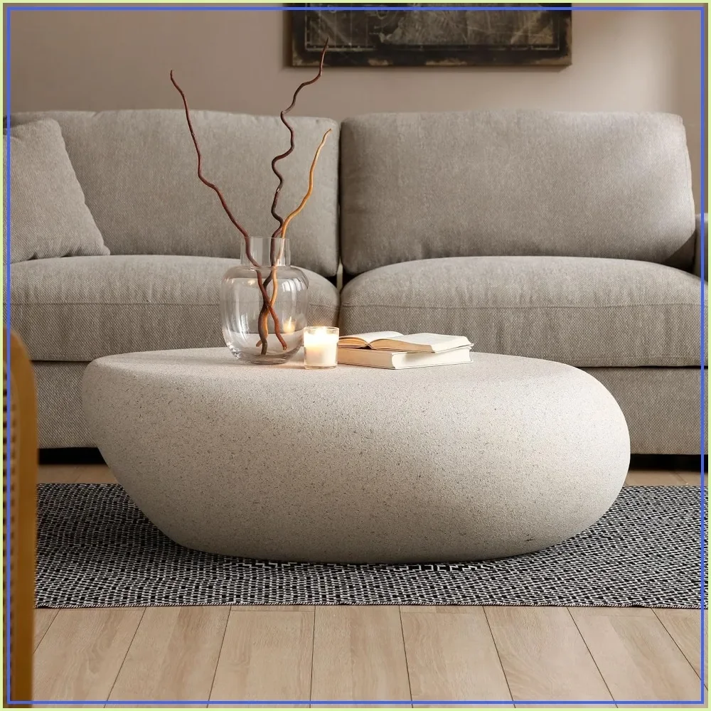 43.3" Oval Coffee Table, Modern Irregular Center Table, Drum Fiberglass Accent Side Table for Living Room, Cream White