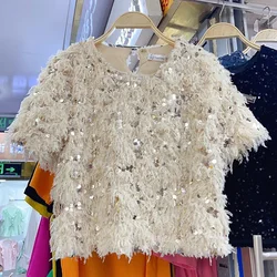 Niche Luxury Street Top Femme Short Sleeve Tassel Feather T-Shirt Sequins Tees Korean T-shirts Crop  Casual Vintage Clothes