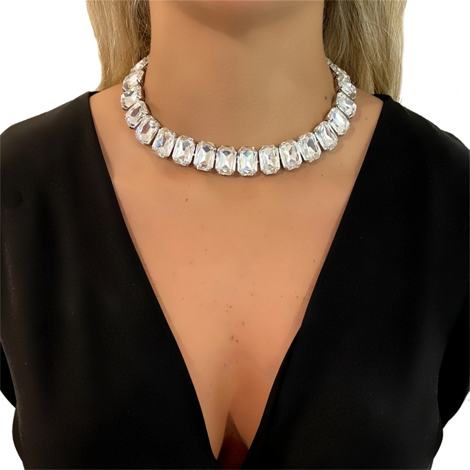 Oversize Square Rhinestone Choker Necklace Set for Women
