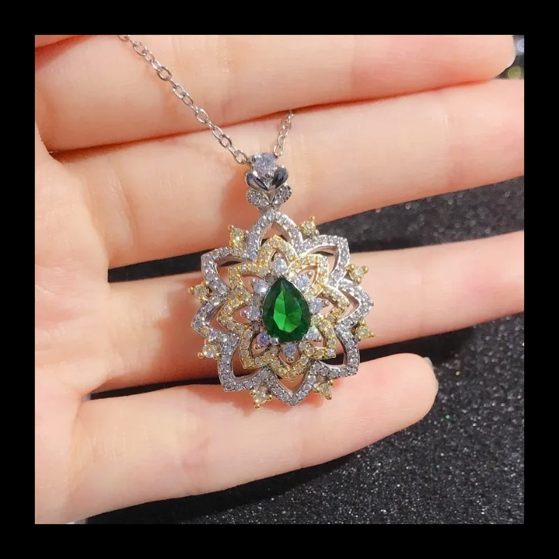 لايف ستريم جديد الدانتيل الدانتيل لونين الكهربائي محاكاة الزمرد قلادة، الفاخرة مايكرو مطعمة عالية الكربون الماس قلادة #2