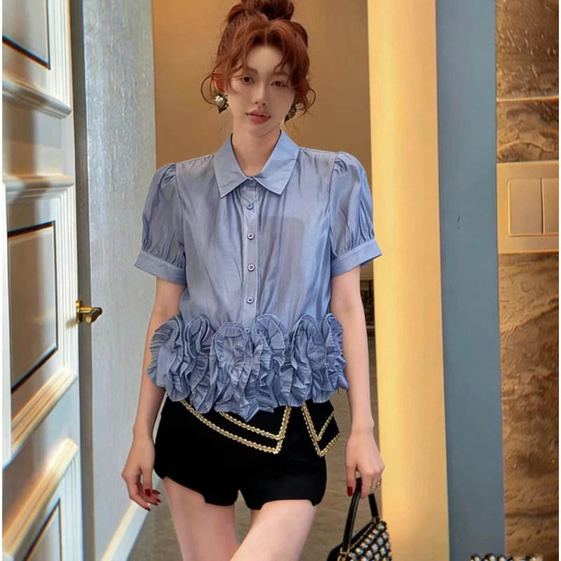 

Women's Bubble Sleeve Shirt Floral Lace Collar Splice Short Sleeve High Collar Summer New Style Casual Loose Fit Breathable