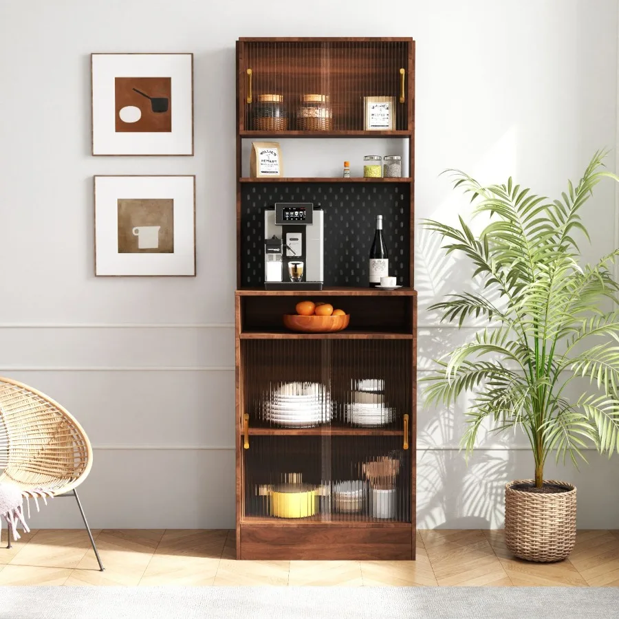 

Kitchen Pantry Sideboard with 2 Sliding Striped Glass Doors Freestanding Countertop Storage Cabinet for Bottles Wine Coffee mac