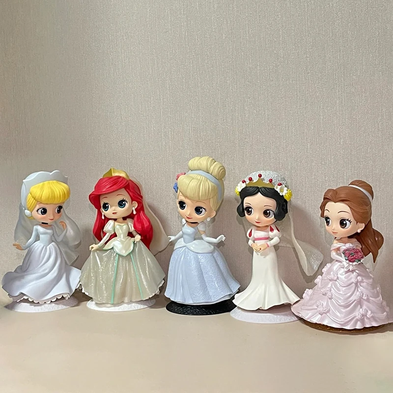 Disney Princess Q Edition Wedding Dress Ariel Belle Snow White Jasmine Cute Toy Doll Collect Desktop Ornament Girl Surprise Gift