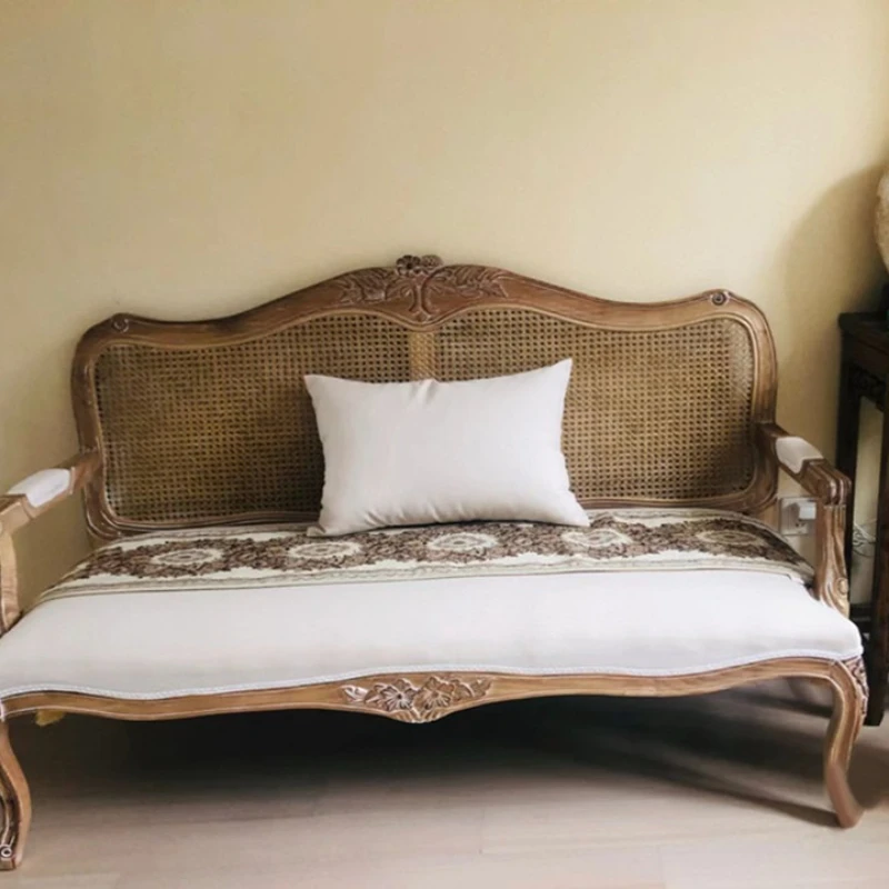 

American country solid wood carving flower French rattan gold old double triple sofa studio photography