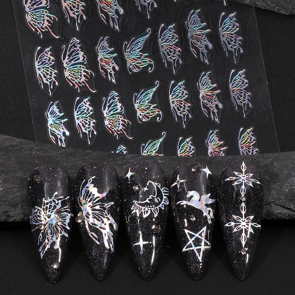 Laser Gilding Butterfly Nail Stickers Holographic Silver Sun Star Moon Decor Sliders Nail Polish Decals Spring Manicure SASO