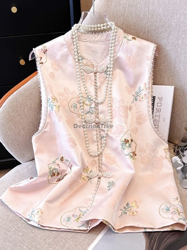 2026 new chinese retro national style women tang suit vest cheongsam buttons printed sequins sleeveless loose elegant vest top