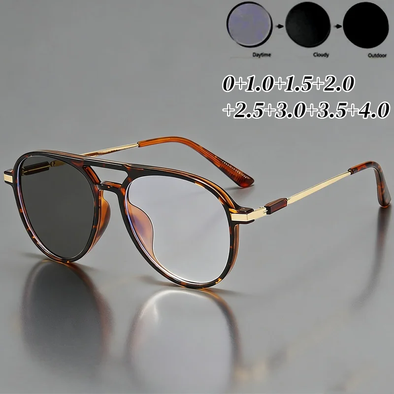 

Trendy Double Bridge Men's Photochromic Glasses Women Color Changing Reading Glasses Vintage Fashion HD Far Sight Eyewear