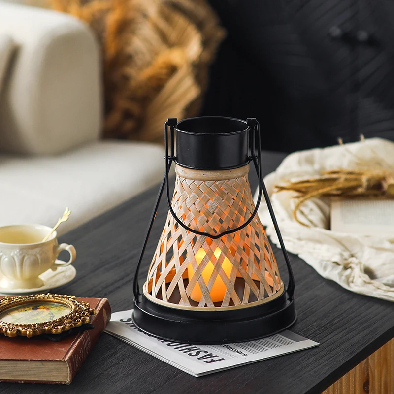 Boho Bamboo Candle Lantern, Woven Rattan Candle Holder, Rustic, Decorative Centerpiece, Black Handle, 43cm, Home Decor