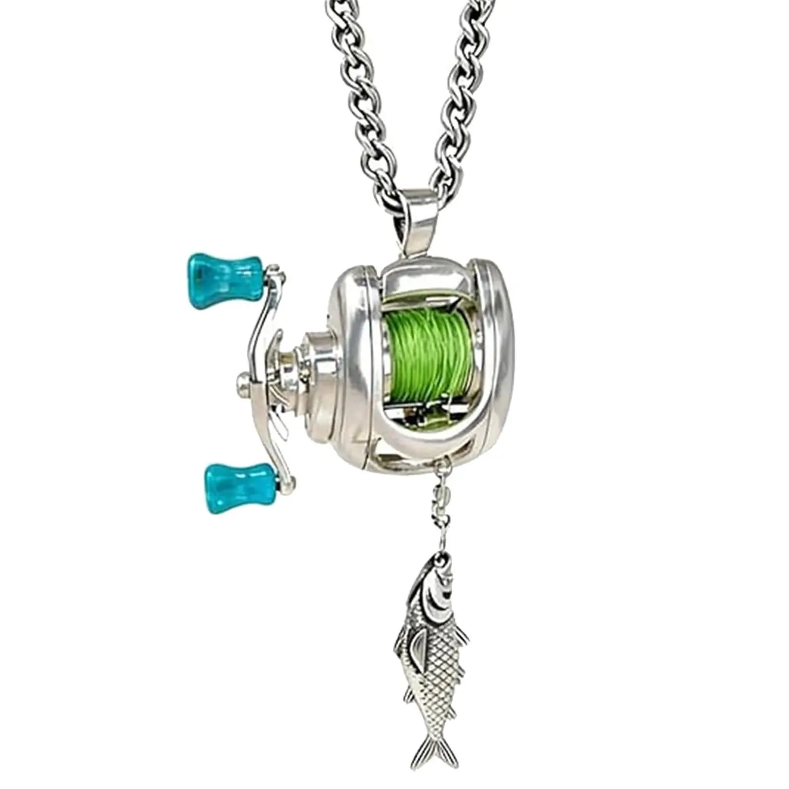 Mini Fishing Reel Pendant Necklace Creative Fishing Wheel Necklace Ring Set Fashion Sports Jewelry Accessories For Men Women