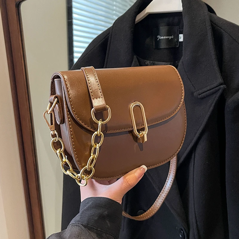 Vintage Shoulder Crossbody Bags for Women 2023 Winter PU Leather Small Women\'s Saddle bag Fashion Handbag Chain Black Brown