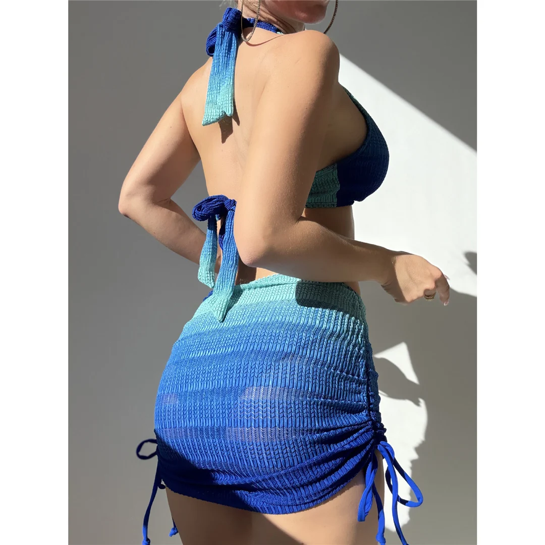 S - XL, mit Rock, Farbverlauf, Neckholder-Bikini, Damen-Badebekleidung, dreiteiliges Bikini-Set, Badeanzug, Badebekleidung, Schwimmbekleidung V7445 – Detail 6