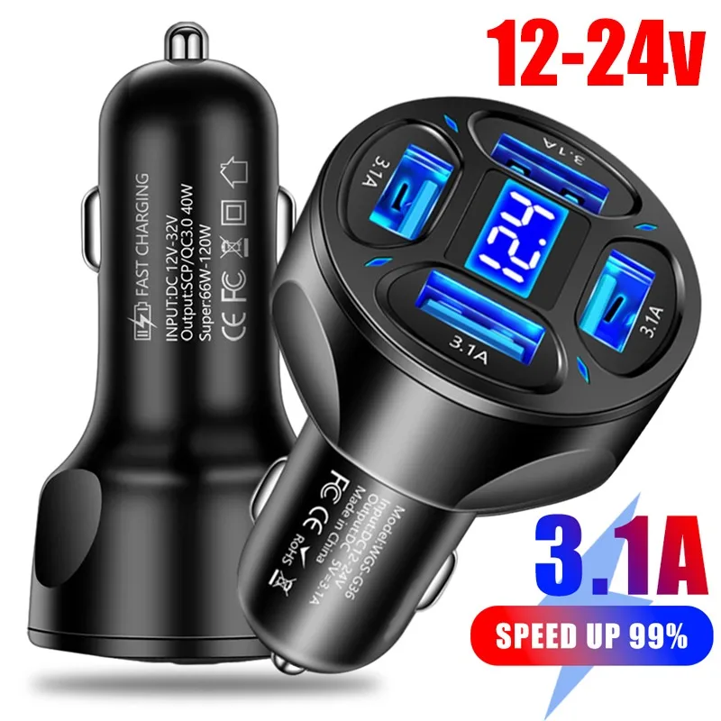 

Автомобильное зарядное устройство с быстрой зарядкой 3,1 А, 4 в 1, порт USB C, цифровой светодиодный дисплей, умная быстрая зарядка, совместимое с IPhone, Samsung, Xiaomi