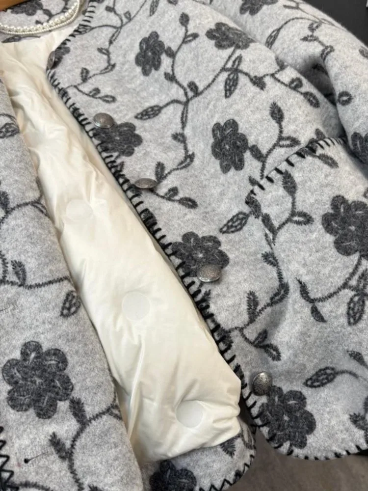 여성 아우터웨어 패션 프린트 트위드 숏 재킷 O넥 싱글 브레스티드 긴 소매 겨울 따뜻한 다운 코트 캐주얼 우아한 여성용