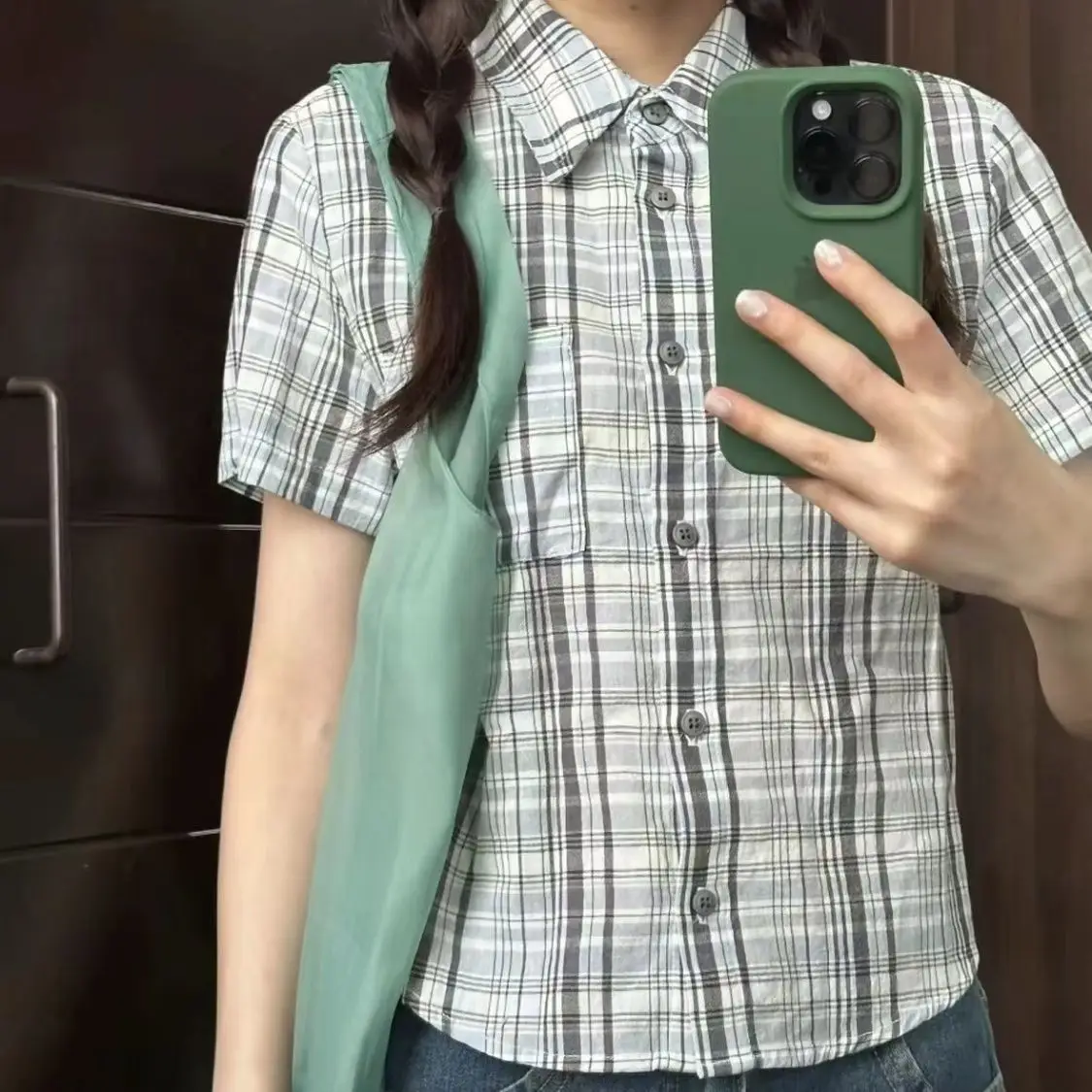 Women Blouses Summer Short Sleeve Plaid Shirt Y2K Button Up Check Shirt Vintage Women\'s Shirt Tops Korean Style Female Clothing