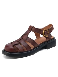 NEW 2025 Retro Women Trend Summer Fisherman Sandals Genuine Leather Ladies Closed Toe Low Block Heel T-Strap Brown White Black