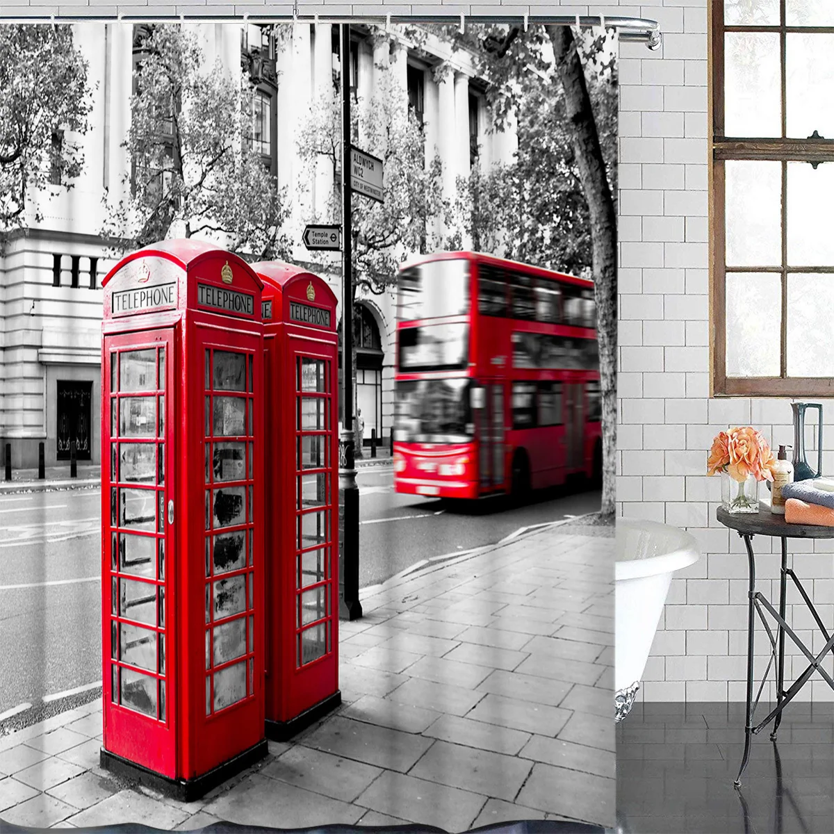 Red Telephone Booth On The English Street Waterproof Shower Curtain With Hook Bath Curtains Bathroom Decoration Accessories