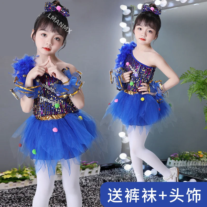 

Children's performance costume, girls' sloping shoulder puffy group, new sequin dance princess gauze group performance costume
