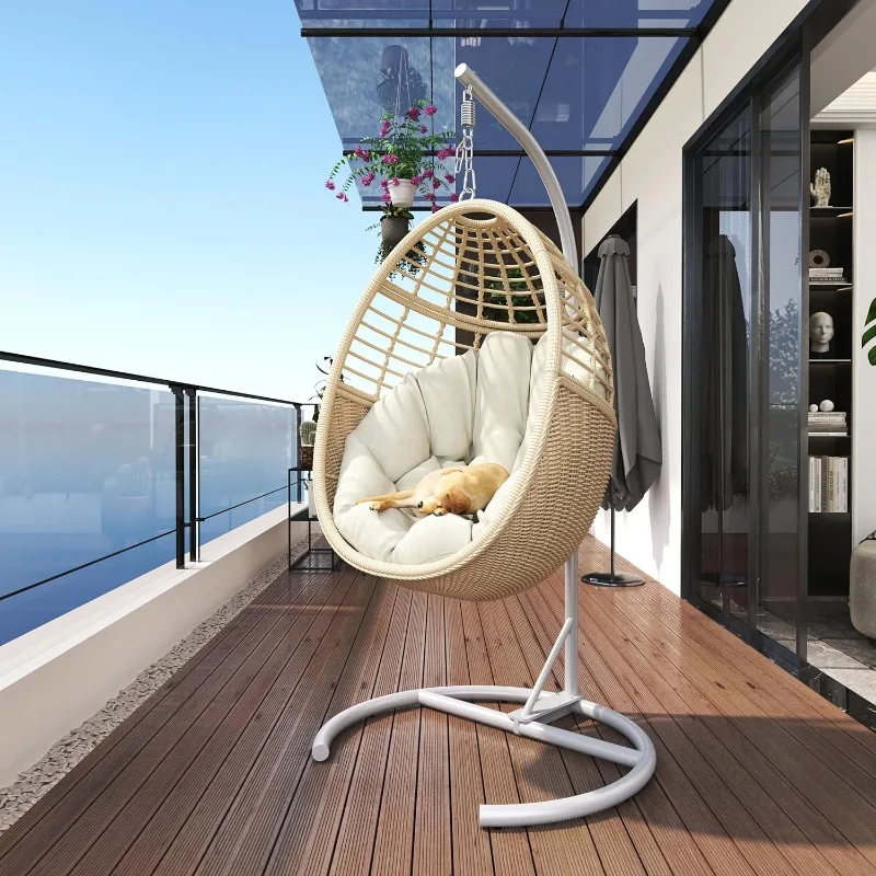 Egg Swing Hanging Chair with Stand,Indoor Outdoor Wicker Rattan Chairs with Steel Frame and UV Resistant Cushion for Patio,Lawn