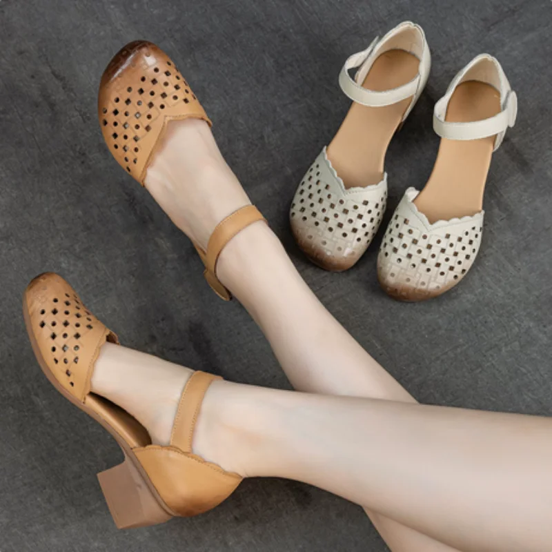 ZXRYXGS 2026 Elegant Temperament Round Toe Hollow Women Genuine Leather Sandals Summer Mid Heels Women Fashion Banquet Sandals