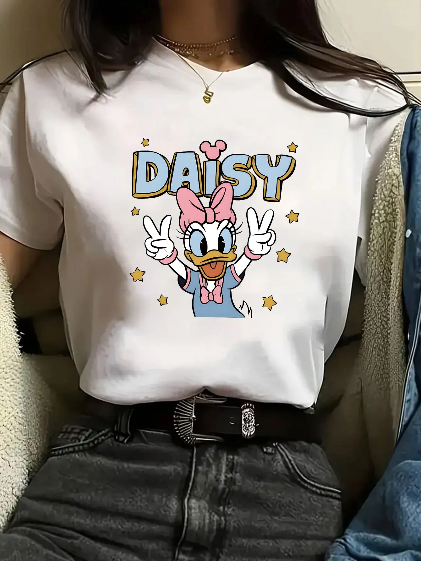 

2025 Disney Pattern Printed Women's Casual Comfortable Unique Smiling Face Black Round Neck Short Sleeve T-shirt