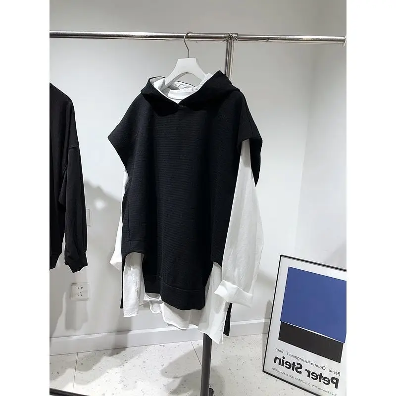 2023 Spring Autumn New Hooded Fashion Suit Women Casual White Long Sleeve T-shirt and Korean Style Black Loose Sleeveless Vest