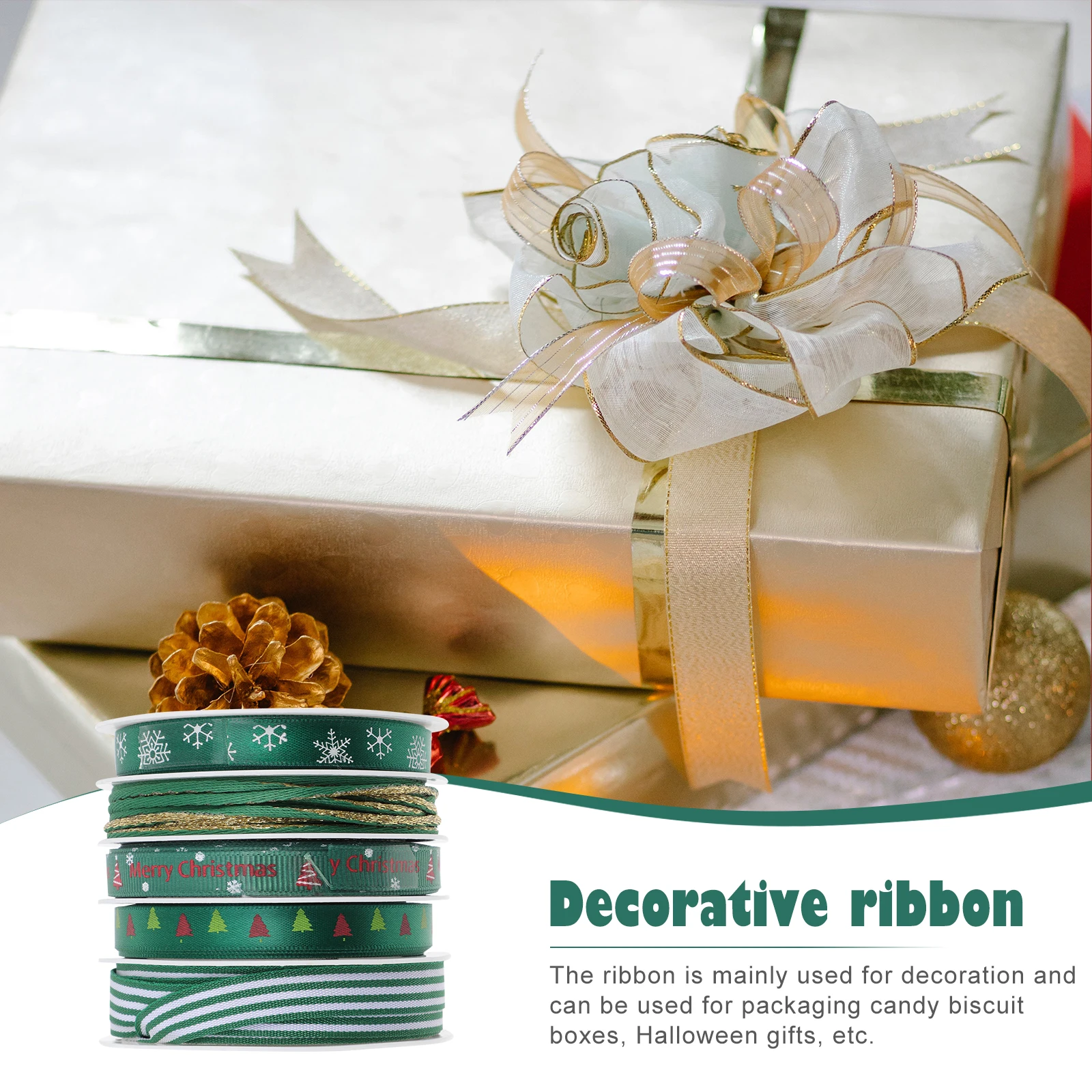 

5 Pcs Gift Wrapping Ribbon Ribbons for Crafts Packaging Printed Packing Set Xmas Package Polyester DIY Christmas Snowflake