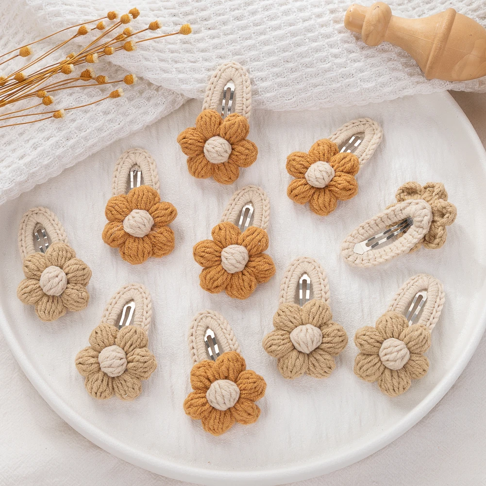 2Pcs/Lot Korean Handmade Sunflower Hair Clips for Baby Girls Crochet Hairpins Hairgrips Boutique Safety Knitted Kids Hair Bows