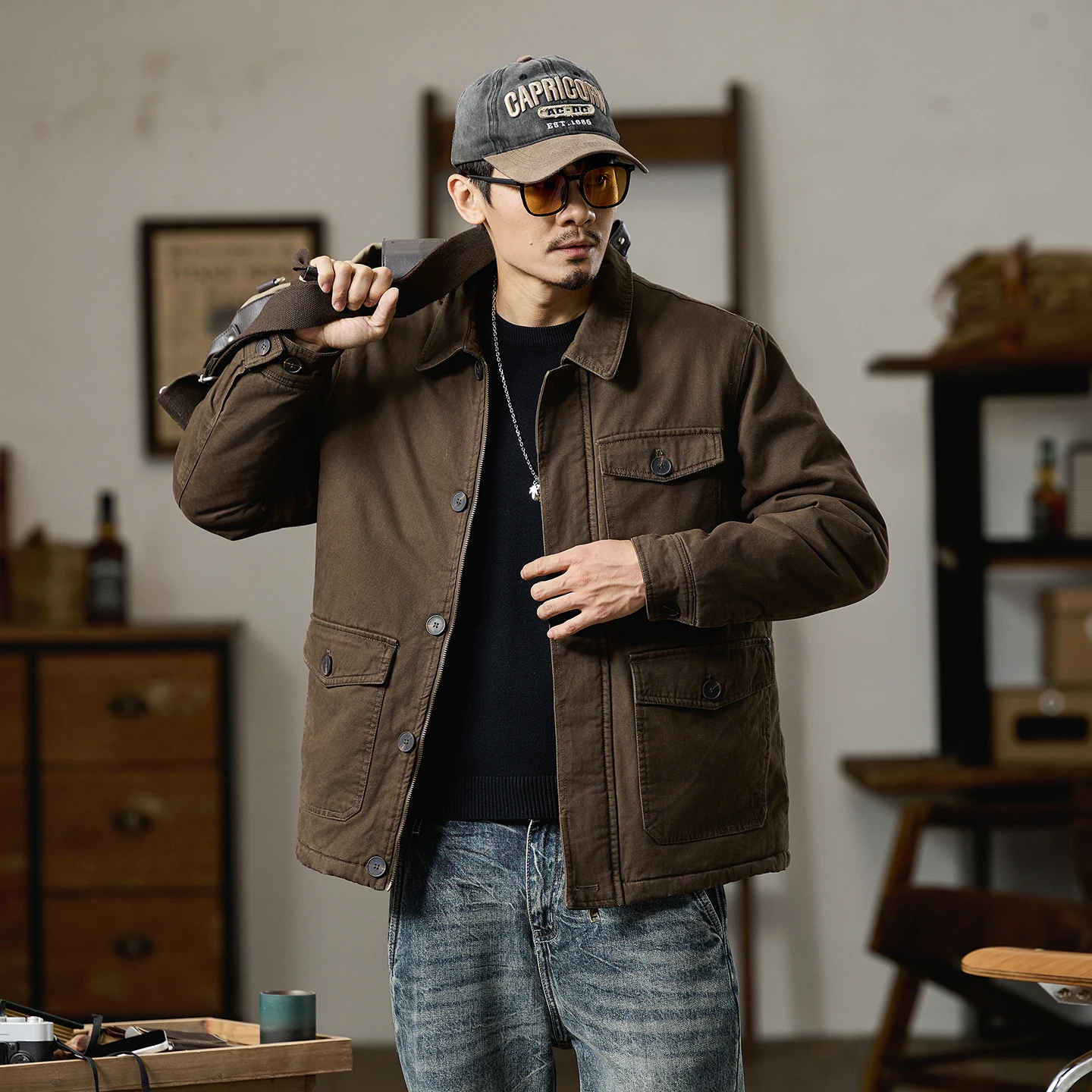 Men's Vintage Wool Blend Workwear Jacket Fall Winter  Fleece Lined Thickened Warm Casual Outerwear Coats with Multi-Pocket