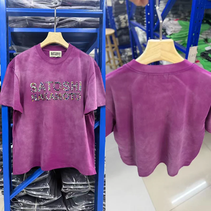2026 New SATOSHI NAKAMOTO Men Women T‑Shirt Washed Vintage Rhinestone Letter Print Oversized Streetwear Short Sleeve Top