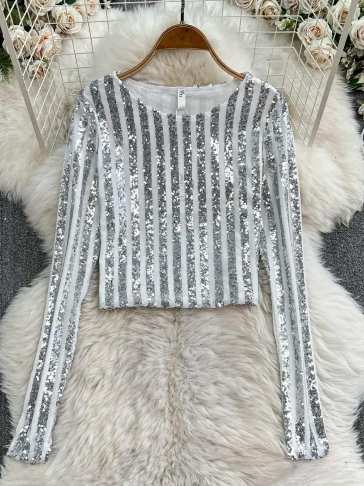 High-End Zwaargewicht Sequin Splice Me Lange Sve Ronde Ne T-shirt Vrouwen Lente Zomer Nieuwe Afslanken Top Koreaanse sle