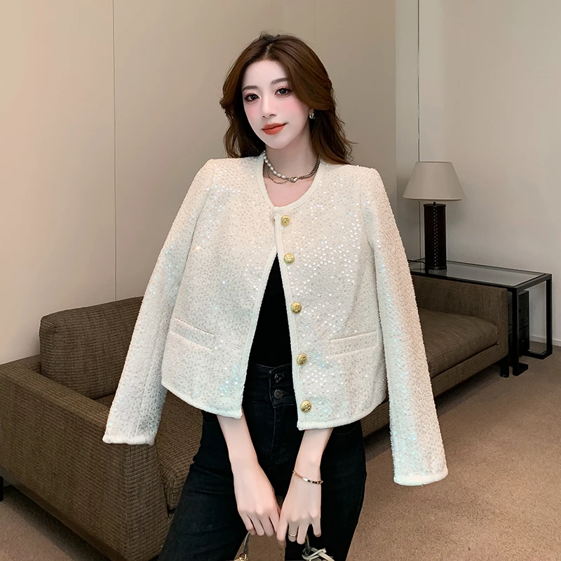 

Newest Autumn Winter Women Small Fragrance Sequins Casual Loose Korean Fashion O Neck Single Breasted Long Sleeve Coat Jacket