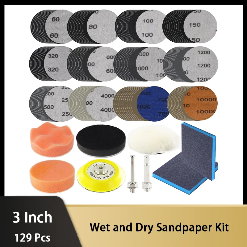 

129 Pcs Wet and Dry Sandpaper Kit 3 Inch 75MM Grit 60-10000 with 1/4" Shank Backing Pad Sanding Sponge for Grinding Wood