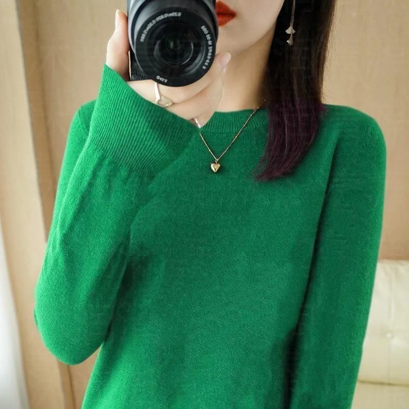 ฤดูใบไม้ผลิและฤดูใบไม้ร่วง 2025 ใหม่ขนสัตว์รอบคอเสื้อกันหนาวผู้หญิงเสื้อถักสีทึบยาวเสื้อ \ \ \ \ \ \ \ \ \ \ \ \ \ \ \'s บาง underlay