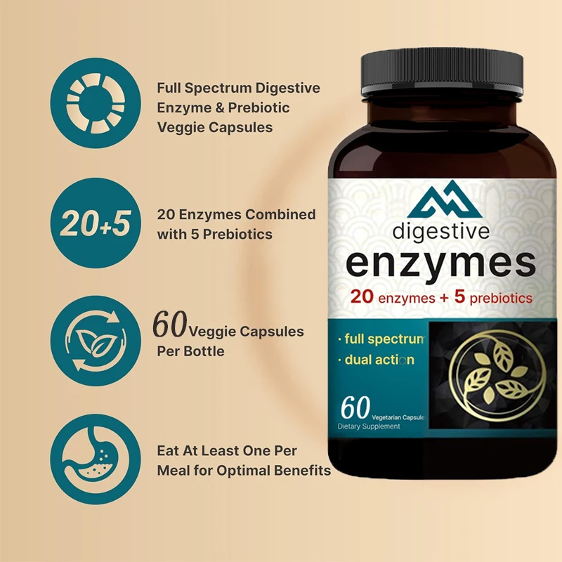 

60 vegetarian capsules containing 20 enzymes and 5 prebiotics, promoting intestinal health and relieving bloating