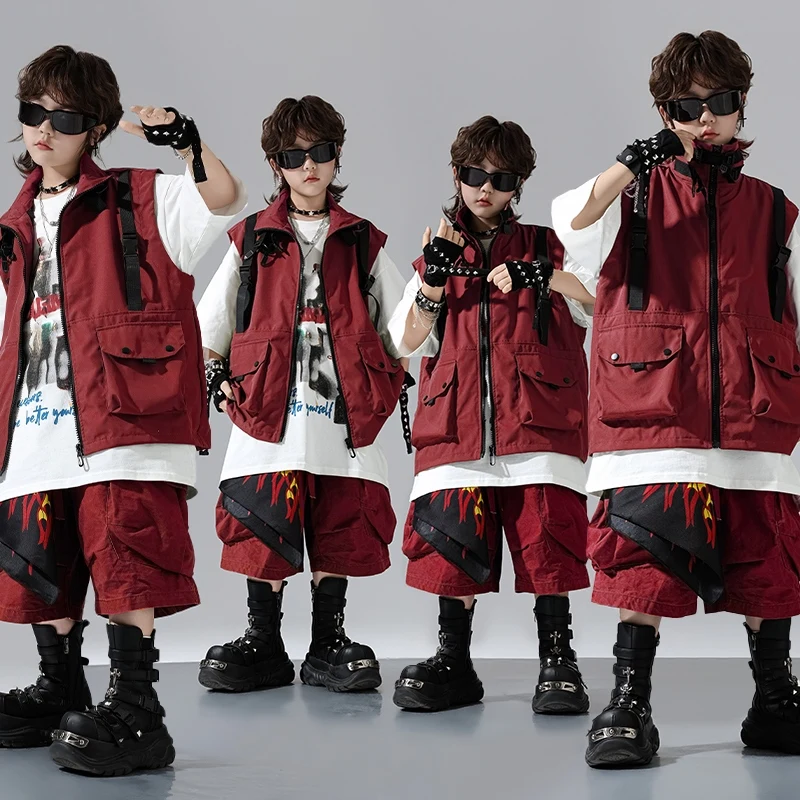 Nuovo vestito da ballo estivo Ragazzi Abiti hip-hop Costumi di danza jazz di strada Vestito rosso Top Pantaloncini Vestito di scena Abbigliamento da passerella DQL11007