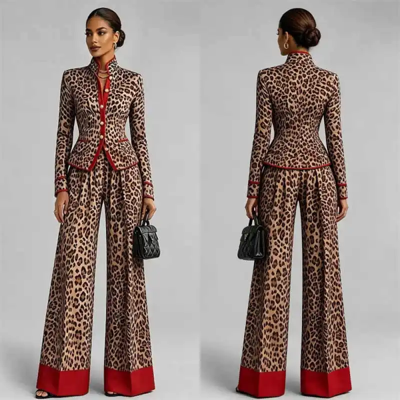 Elegant Leopard Print Women Suits Wide Leg Pants Plus Size Blazer Fashion Full Sleeve Suit Customized Prom Party Outfits