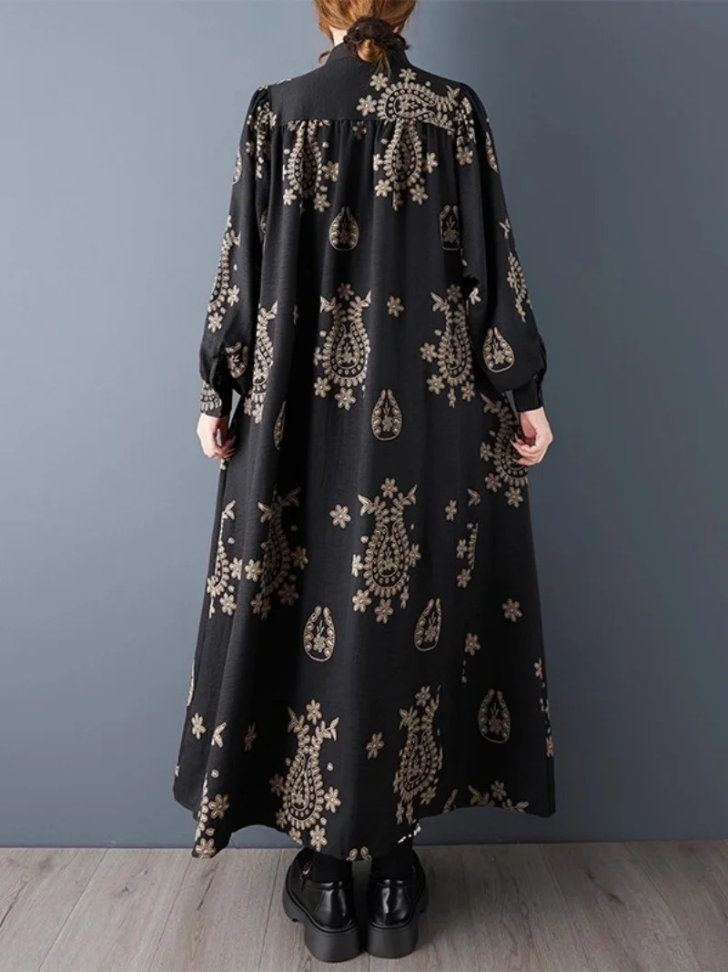 2025 Spring And Autumn Women Loose Large Size Stand Up Collar Fashionable Printed Dress Mid Length Temperament Shirt Dress w1323