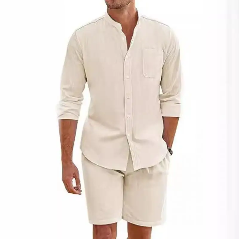 2024 Men Summer Sets Mens Cotton Linen Shirt + Shorts Cardigan Male Simple Casual Beach Shirts Comfortable Hawaii Wear