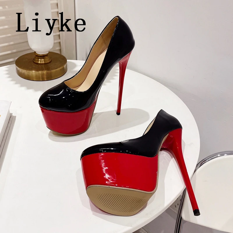 Liyke Classics Black Red High Heels For Women Sexy Shallow Round Toe Slingback Platform Pumps Wedding Banquet Shoes Stilettos