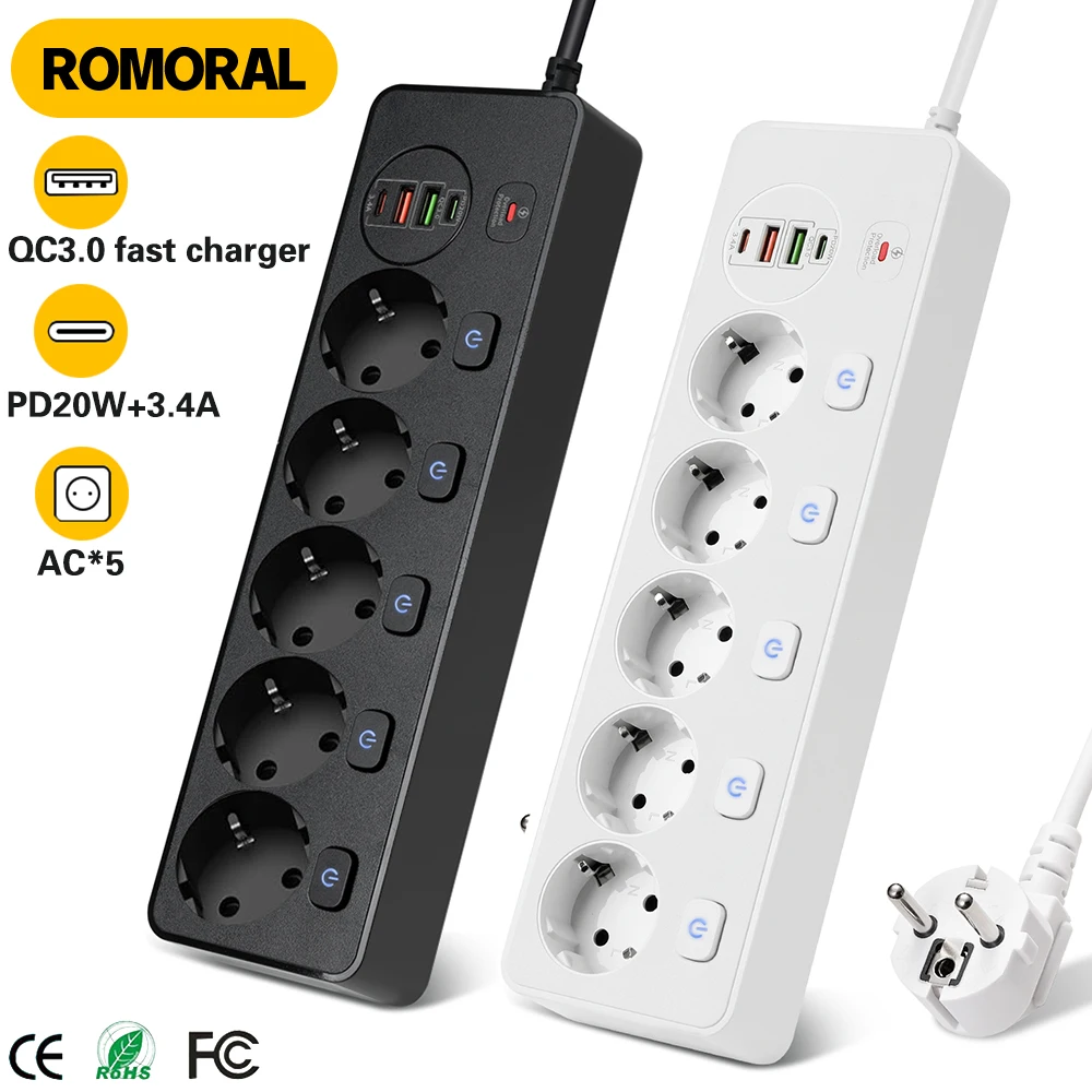 EU Plug AC Outlet Power Strip Multi Outlet 2M Extension Cord Network Filter With 4USB PD 20W Fast Charging Surge Protector