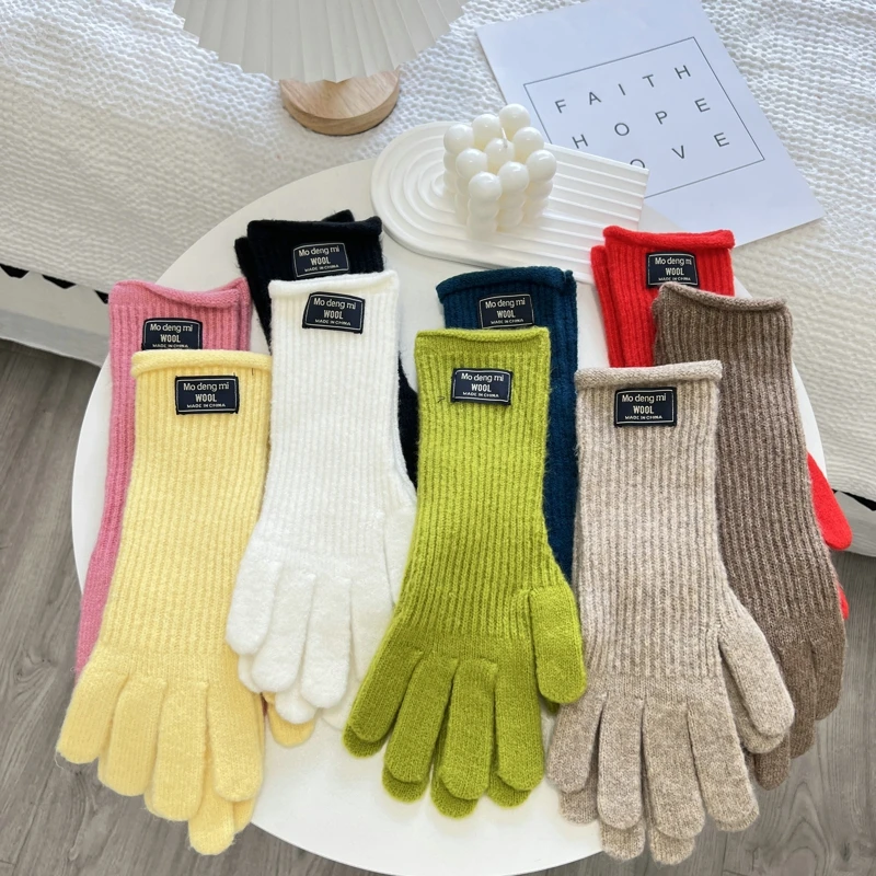 Fashion Soft Warm Gloves Winter Solid Color Gloves Women Warm Knitted Full Finger Outdoor Skiing Gloves For Women