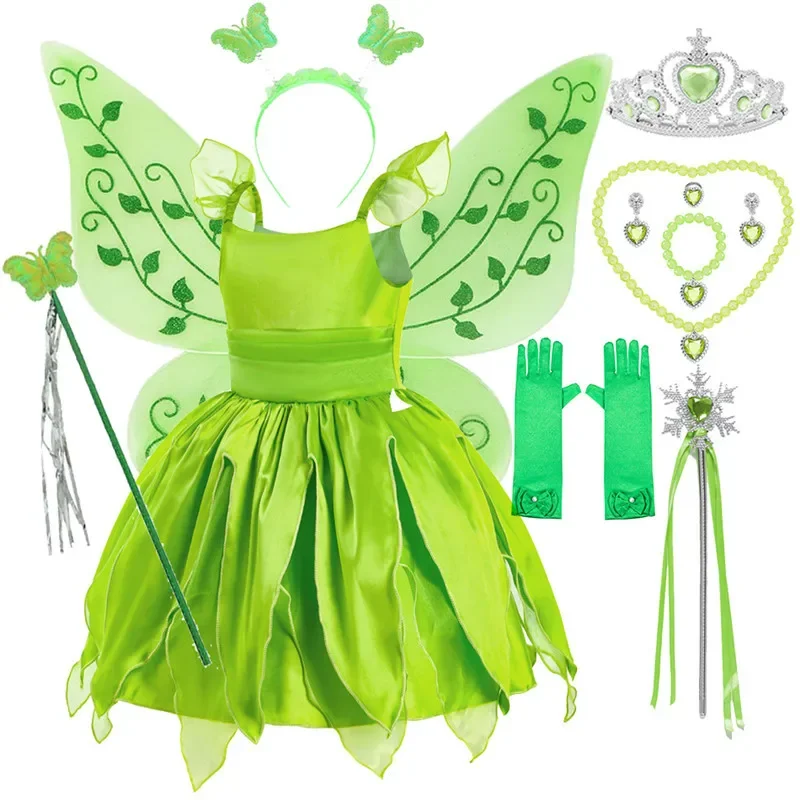 Halloween Tinkerbell costume for girls flower fairy cosplay costume Kids Carnival green princess gown children birthday gift