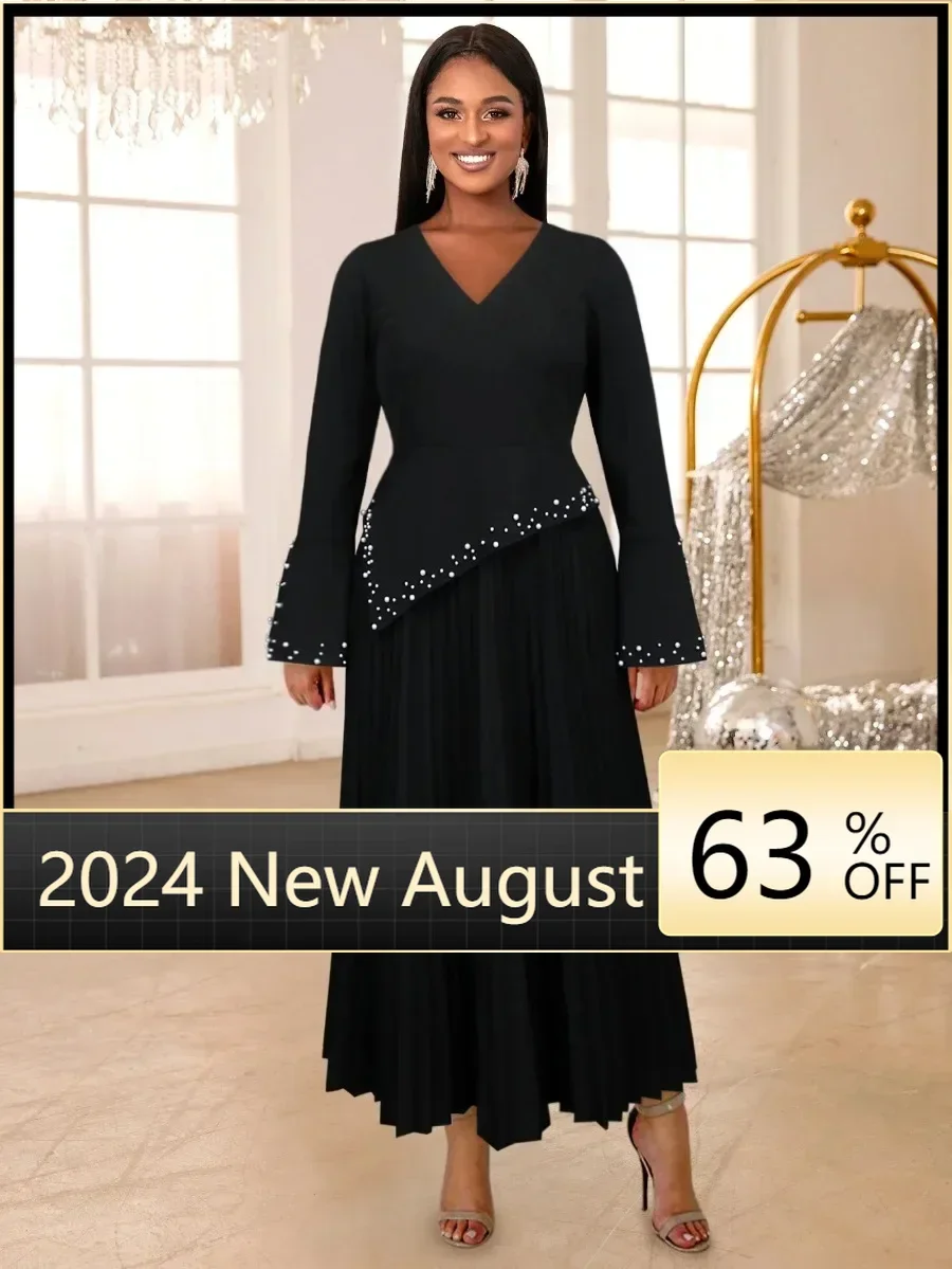 

Black Pleated Dresses V Neck Long Flare Sleeve Beaded High Waist Drapped Cocktail Evening Event Party Gowns for Ladies